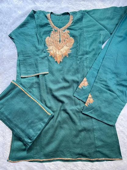 Teal Blue Kashmiri Tilla Work Woolen Pheran by Hayat's Lucknowi