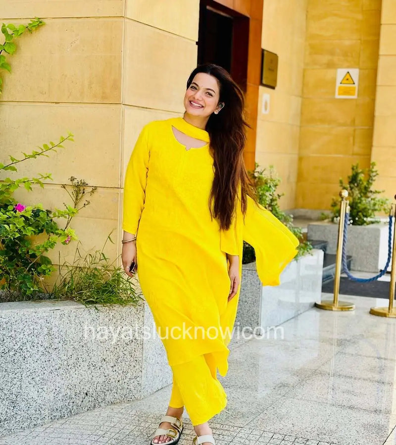 Zeenat yellow rayon chikankari set