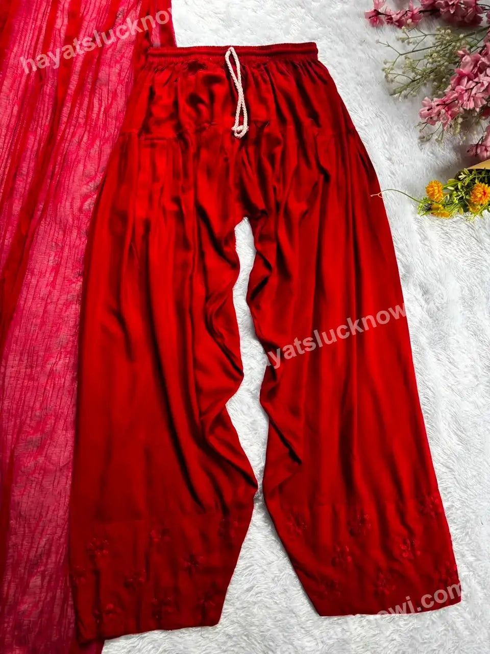 Red Rayon Chikankari Farshi Set