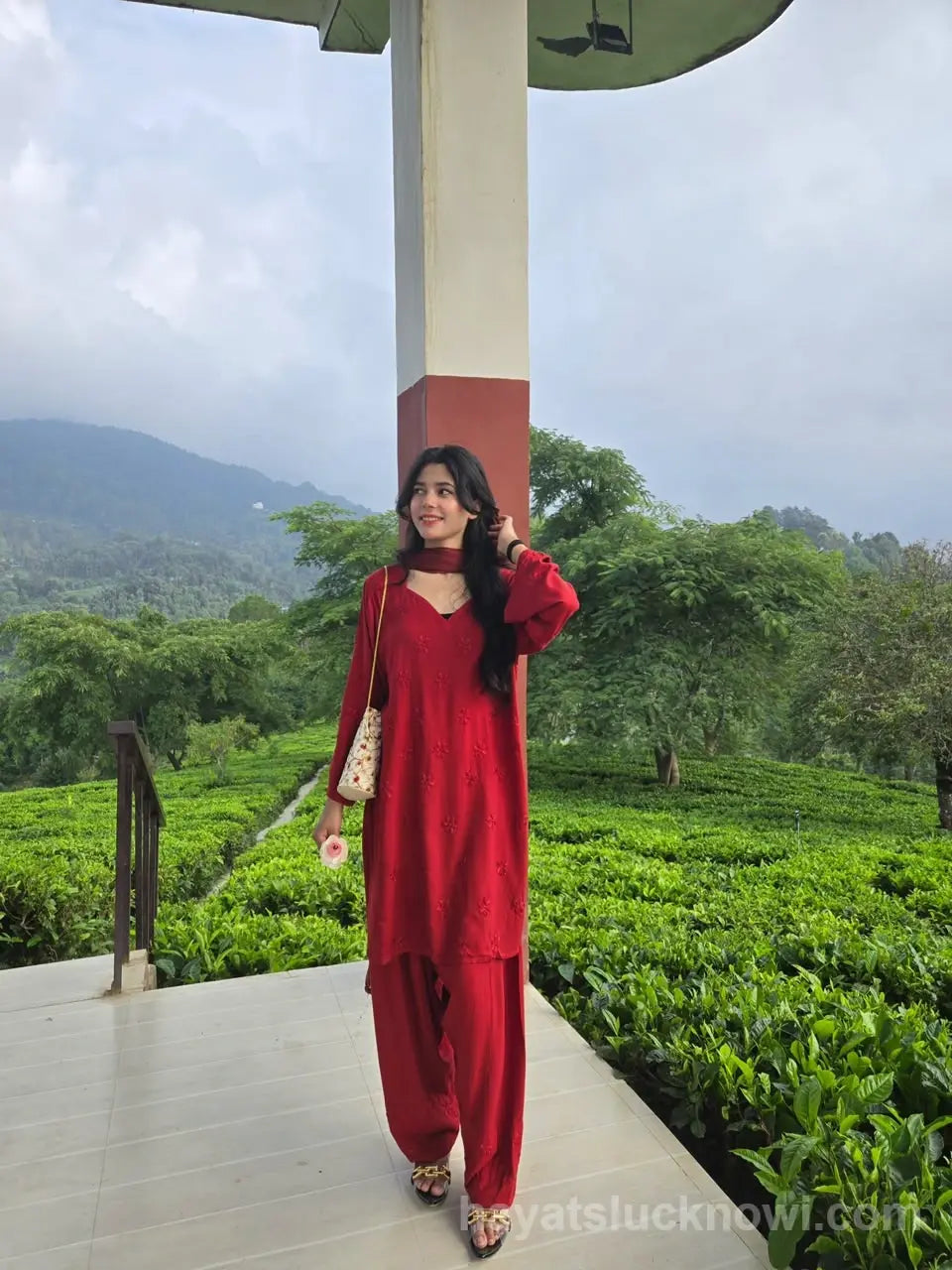 Red Rayon Chikankari Farshi Set