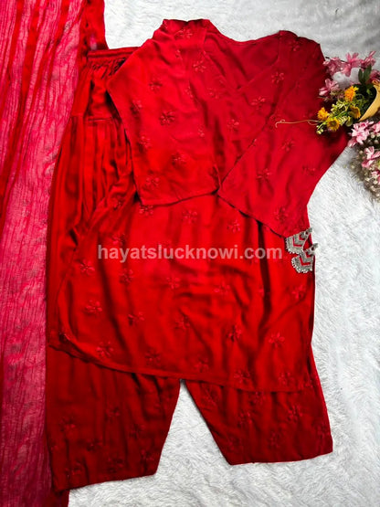 Red Rayon Chikankari Farshi Set
