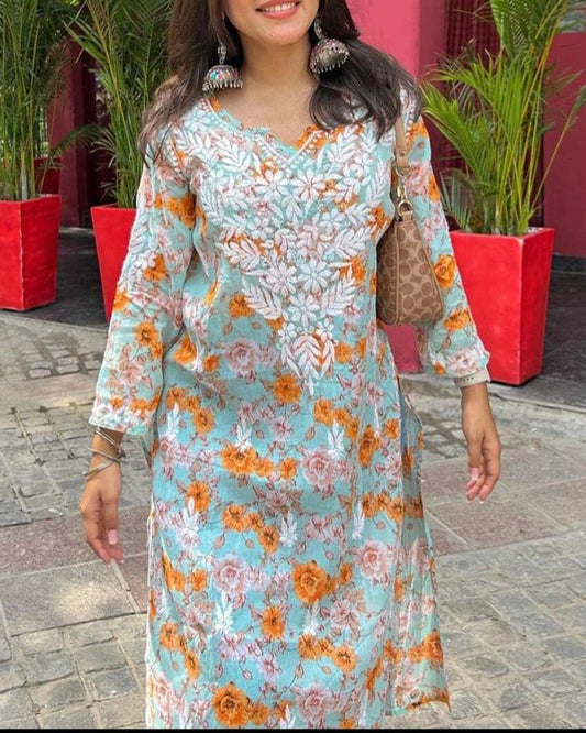 Fiza Mulmul Chikankari Printed Kurti Sky Blue - Hayat's Lucknowi