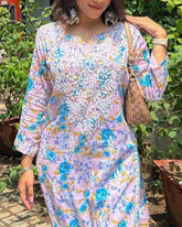 Fiza Mulmul Chikankari Handwork Printed Kurti Pink - Hayat&