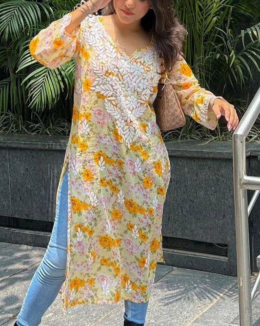 Fiza Mulmul Chikankari Printed Kurti Yellow - Hayat's Lucknowi