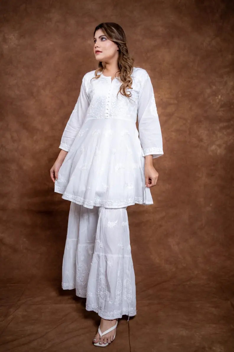 white chikankari hand work frock style gharara set | Hayat's Lucknowi