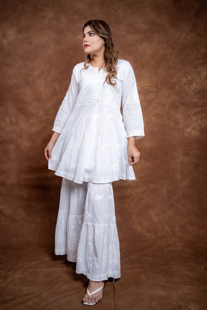 white chikankari hand work frock style gharara set | Hayat's Lucknowi