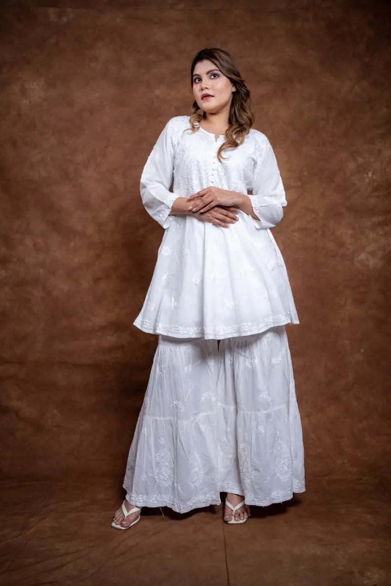 white chikankari hand work frock style garara set | Hayat's Lucknowi