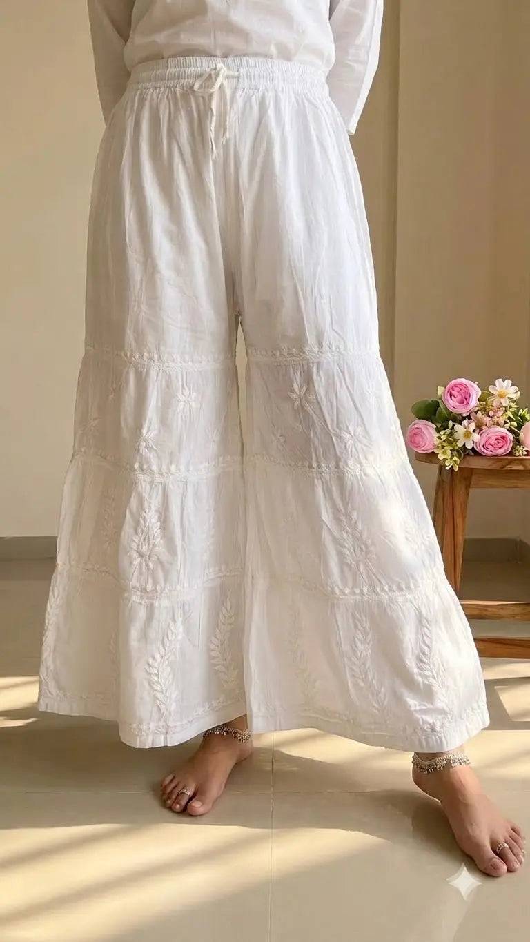 white lucknowi chikankari garara plazo pant for traditional look | Hayat's Lucknowi