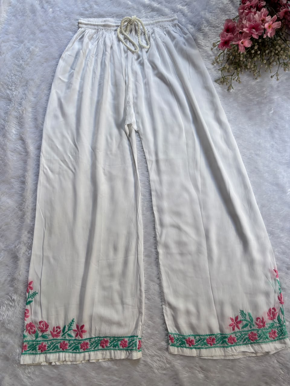 white wide leg lucknowi chikankari plazo for traditional purpose