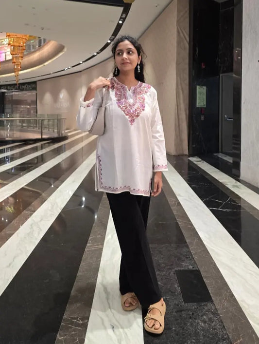 white kashmiri aari work short kurti best to wearon date