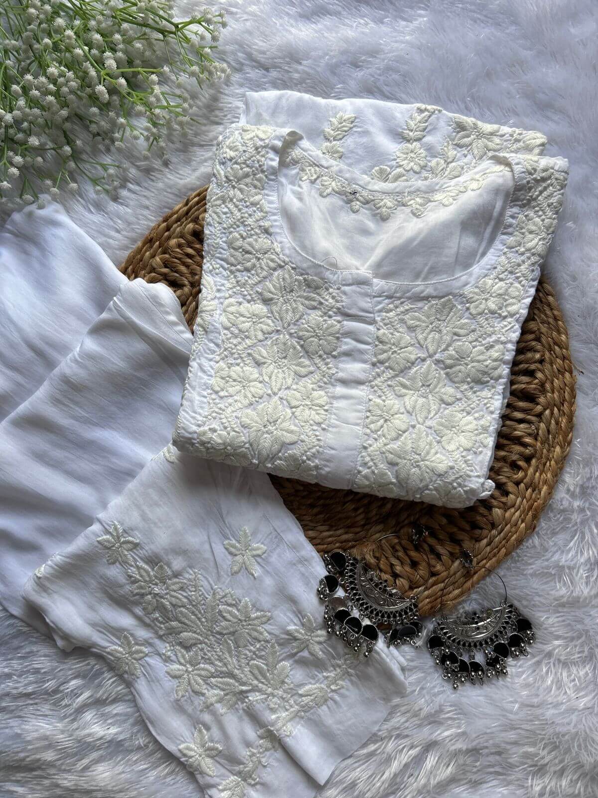 Aiman White Modal Chikankari Co-ord - Hayat&