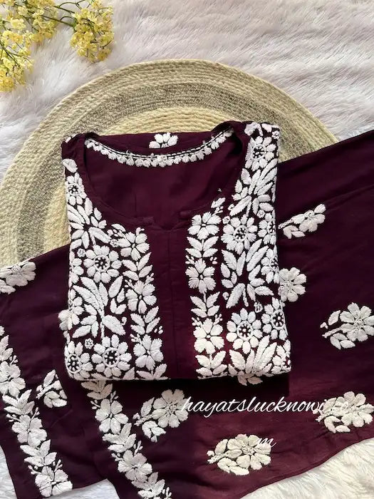wine chikankari kurta set in beautiful flower embroidery