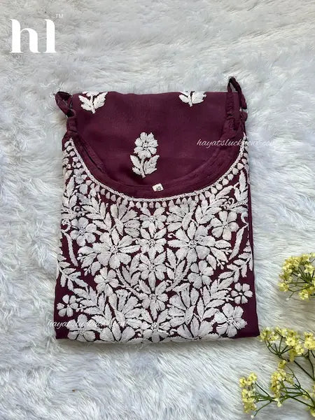 wine chikankari noodle strap long kurta for genz | Hayat's Lucknowi