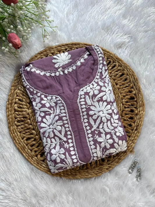 mauve shade purple chikankari modal fabric hand embroidered long kurta can be par with plazo