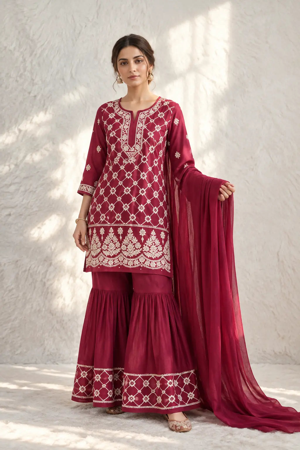A woman wear a deep maroon and plum shade three-piece traditional kurta garara outfit with intricate cream embroidery of chikankari featuring a kurta, flared sharara pants, and a matching dupatta. Hayat's Lucknowi