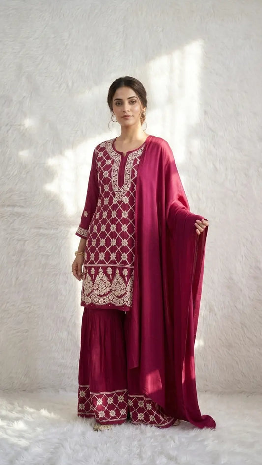 wine modal satin kurta garara dupatta set with chikankari handwork luxe suit | Hayat's Lucknowi