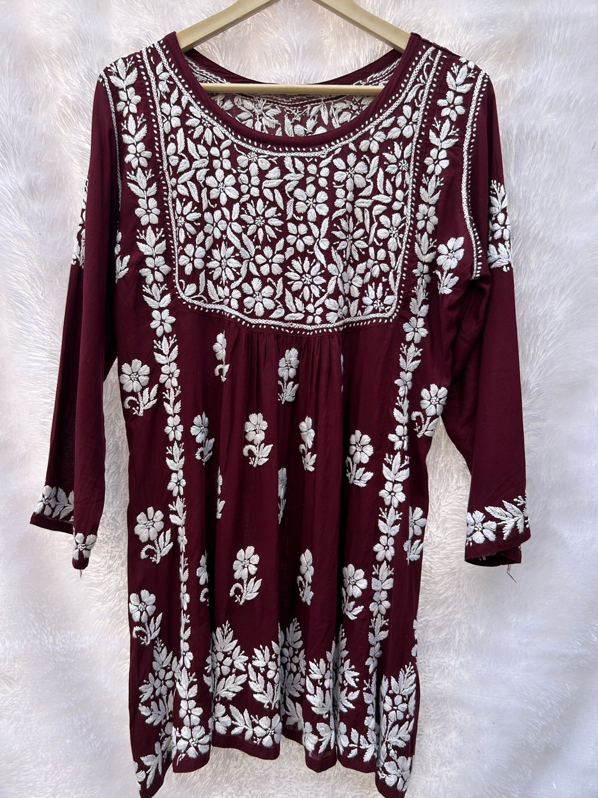 Wine short chikankari frock