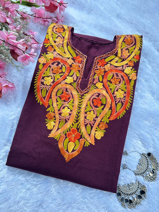 Wine Kashmiri Aari Work Woolen Pheran by Hayat's Lucknowi
