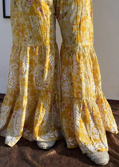 yellow floral pattern sharara pant with chikankari handwork | Hayat's Lucknowi