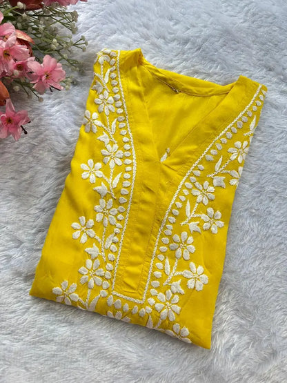 Yellow Rayon Lucknowi Chikankari Kurta by Hayat's Lucknowi