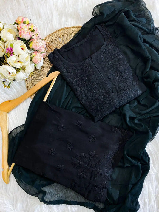black indian style hand embroidered chikankari rayon fabric kurta suit set | Hayat's Lucknowi