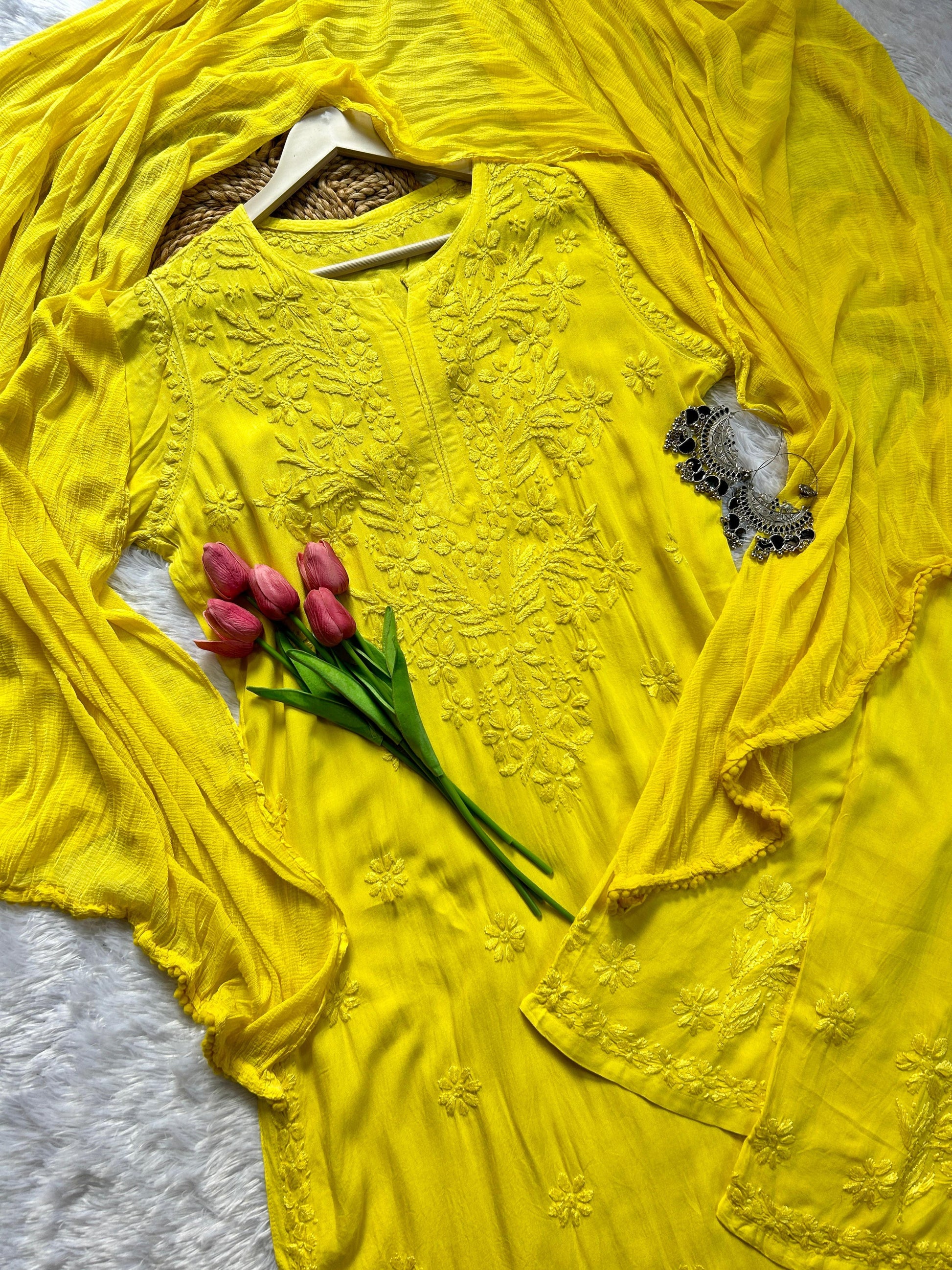 Zeenat Yellow Rayon Chikankari Set - Hayat's Lucknowi